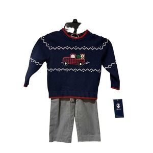 IZOD Kids Navy Red Plaid Truck Embroidered Sweater Pants 2 Piece Set 18M